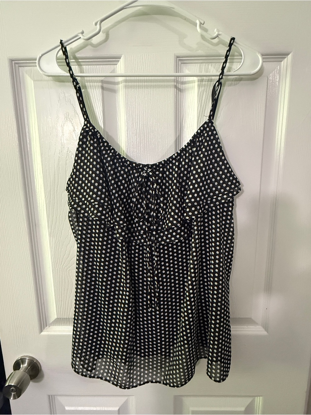 NY&Co Black Polka Dot Spaghetti Strap Ruffle Tank Top